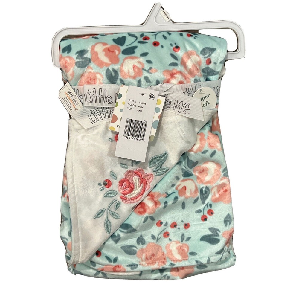New Little Me Baby Blanket Reversible Green Pink Floral Embroidered Rose Minky
